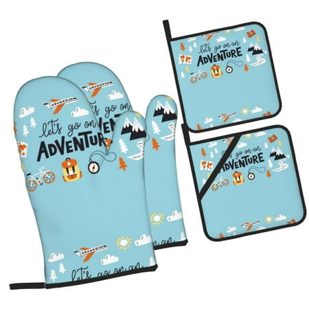 

Fotbe Let s Go on an Adventure for 4Pcs Oven Mitts and Pot Holders 500℉ Heat Resistant Oven Mitts Non-Slip Silicone Surface Safe for Baking Cooking BBQ