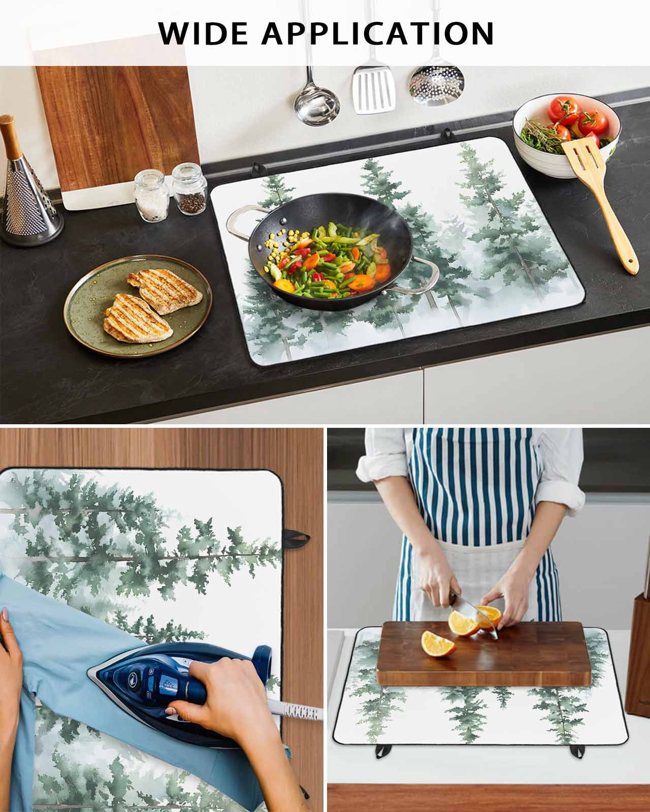 nqOlkjepod Large Induction Cooktop Protector Mat 36"x21", Green Ombre Forest Stove Top Covers for Electric Stove, Watercolor Trees Sage Green Stove Burner Cover Mats, Glass Top Stove Cover