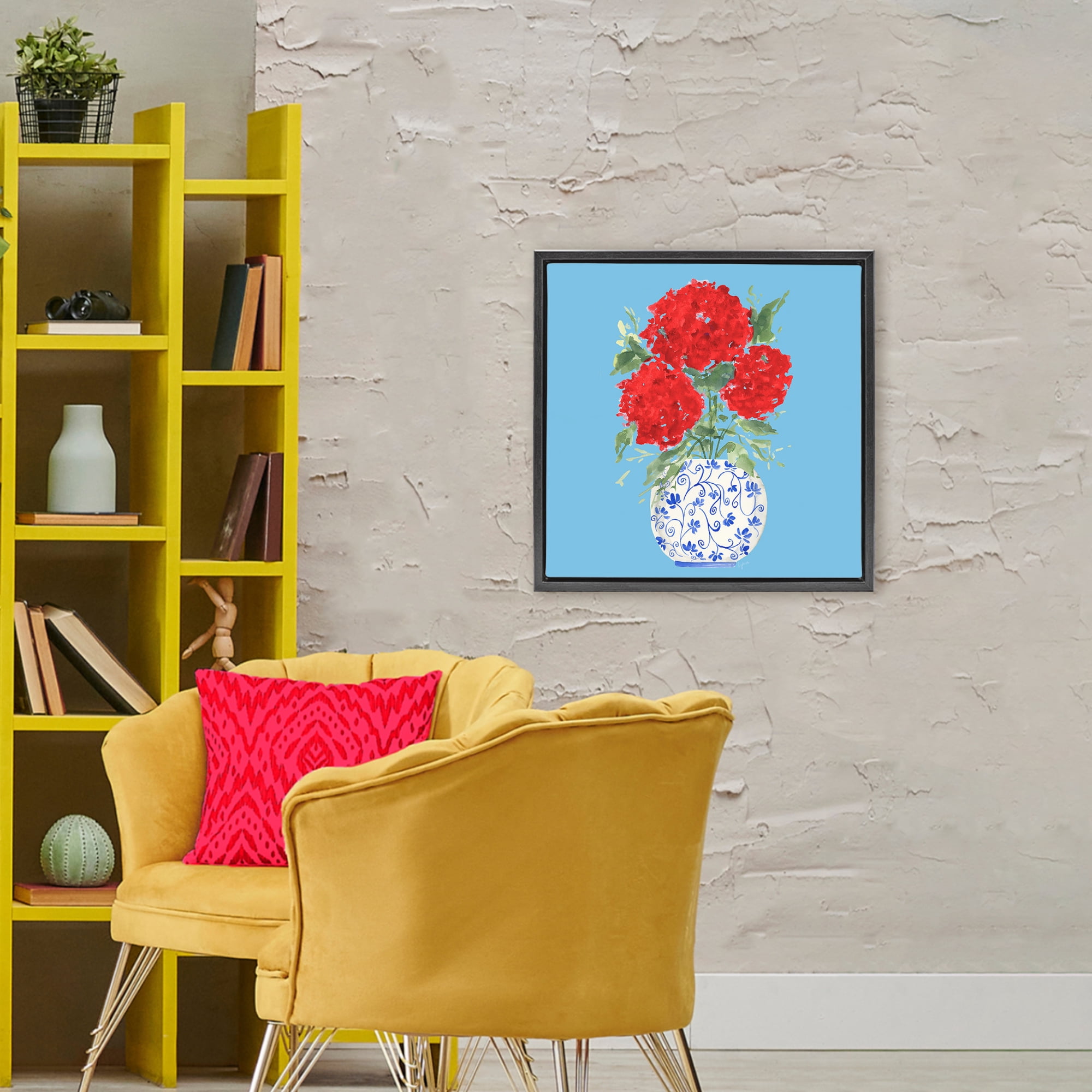 Stupell Industries Bold Red Hydrangea Trio Black Framed Floater Canvas Wall Art, design by Lucille Price