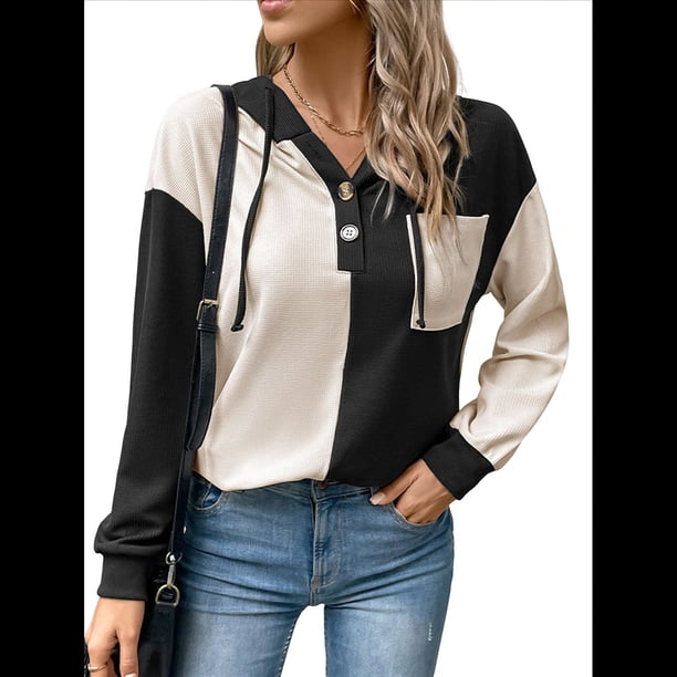 Sudadera con Capucha para Mujer, Cuello Abotonado, Cordón Ajustable, Sudadera Informal de Larga, Camisetas. Negro XL