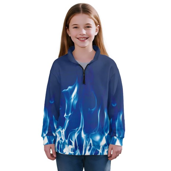 Uorisanigo Girls Half Zipper Sweatshirts Fall Spring Outfits Clothes Blue Fire Print Long Sleeve Pullover Top Oversized Drop Shoulder Cropped Pullover Hoodies for Teen Girl
