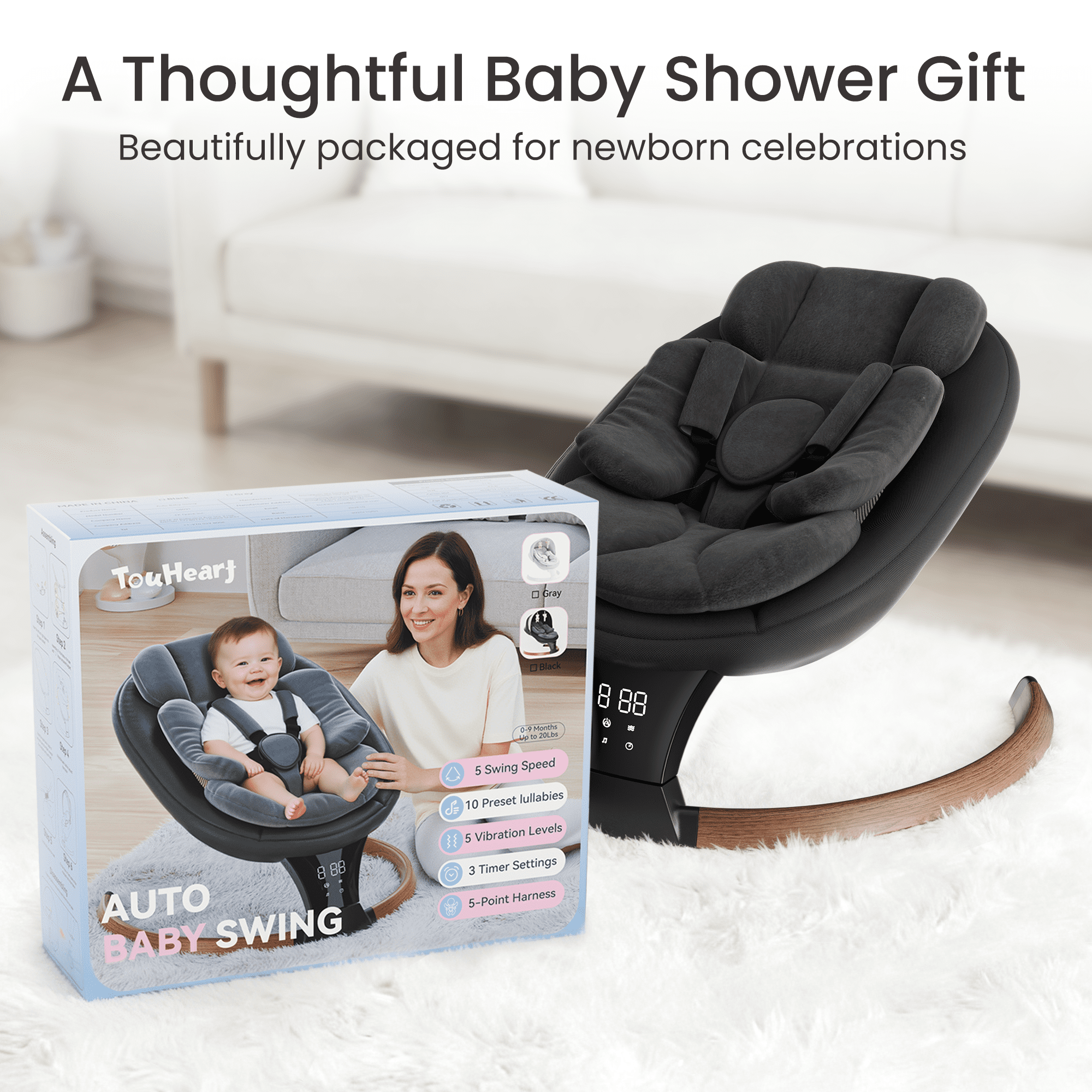TouHeart Electric Baby Swing for Infant,5-Speed Sway & Vibration, Remote Control,10 Lullabies,Black