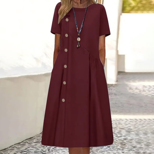Mefallenssiah Mode Féminine Casual Printemps Été Manches Courtes Tour de Genou-Haut Robe