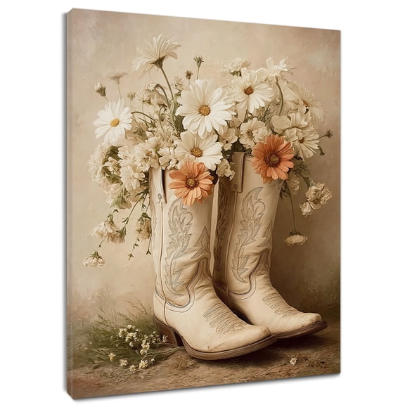 HVEST Western Floral Wall Art Vintage Cowgirl Boots Canvas Wall Art Rustic Farmhouse Flower Framed Wall Decor for Living Room Bedroom Home, 12 X 12 inches