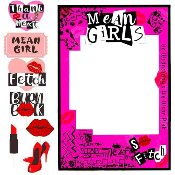 Theme Party Photo Set: Pink Graffiti Photo Frame with 7 Red Lip Handheld Props, Party Photography Decoration