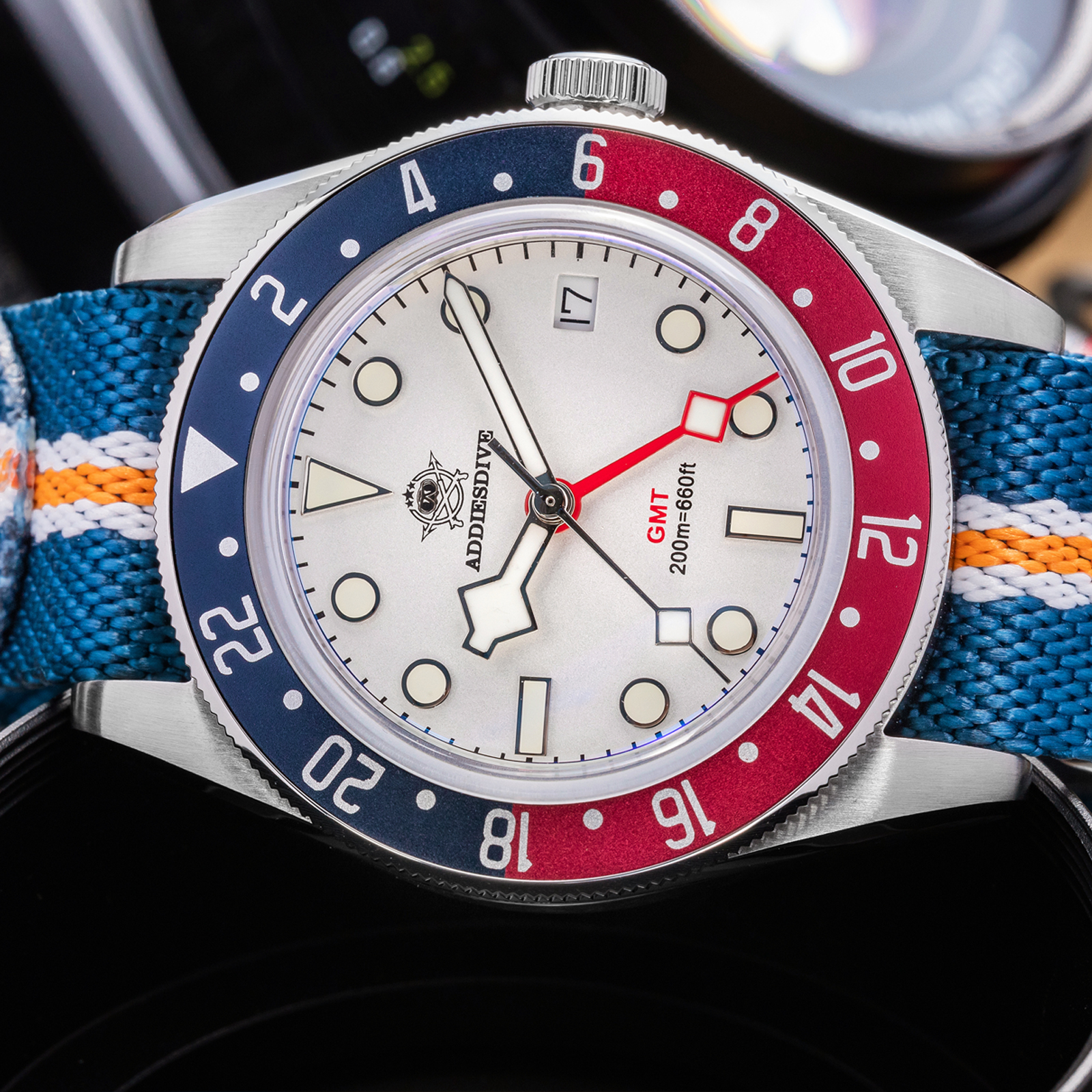 ADDIESDIVE Men's GMT Dive Watch 200M with Swiss Quartz Movement, 316L Stainless Steel Men's Analog Quartz Watches, BGW9 Luminous Unidirectional Bezel Blue Nylon Band
