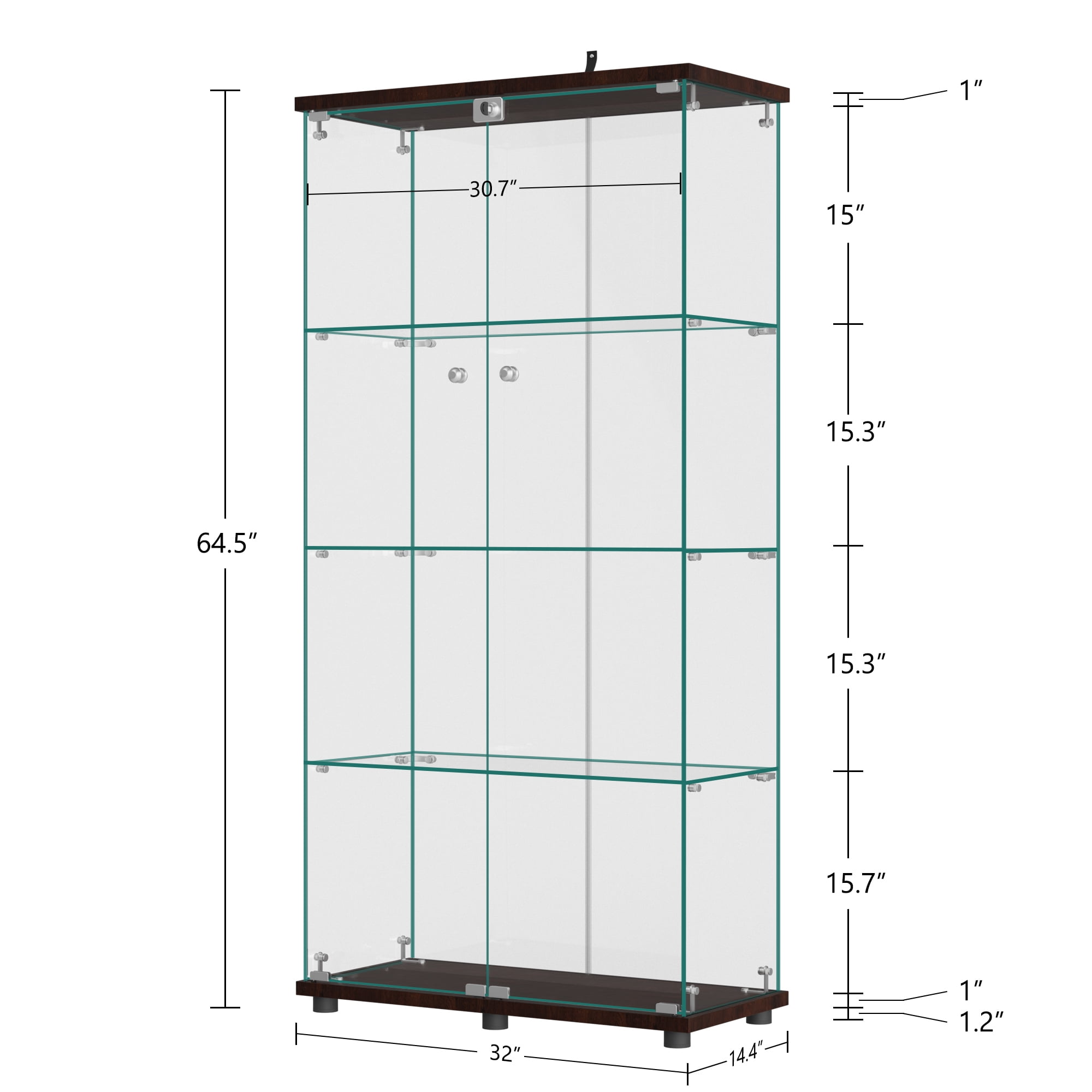 MAYEERTY 4-Tier Glass Display Cabinet with Double Door, Curio Cabinet Collection Showcase, Brown, 64.5"x32"x14.4"