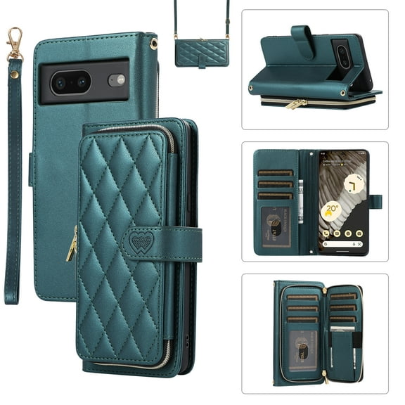 Allytechgroup for Google Pixel 7a Wallet Case, Premium PU Leather Magnetic Buckle Zipper Pocket Card Slots Flip Stand Protective Cover with Hand Strap & Shoulder Strap - Darkgreen