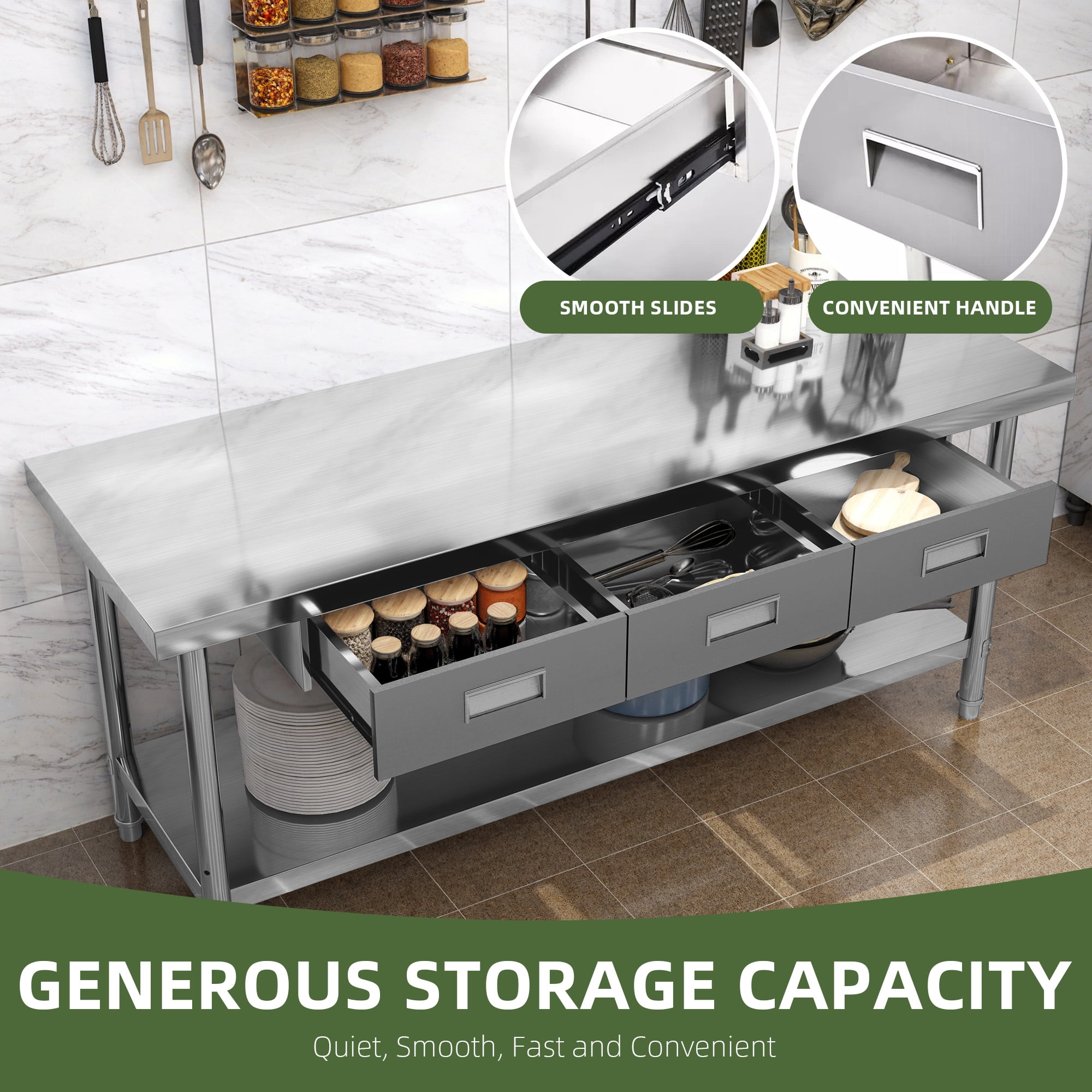 Uforic 72" x 24" Stainless Steel Work Table with 3 Drawers, Adjustable Storage Shelf, Heavy-Duty NSF Prep Table for Kitchen, Restaurant