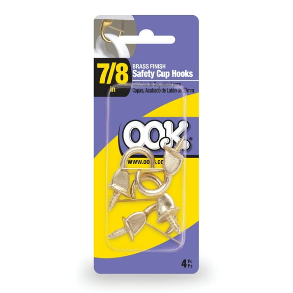 Ook Safety Cup Hooks, 7/8", 0.5 lbs, Screw Hooks, Steel, Brass Finish, Gold, 4 pack