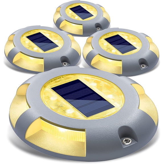 SIEDiNLAR Solar Deck Lights Driveway Dock LED Light Solar Powered Outdoor Waterproof Road Markers for Pathway Step Stair Garden Ground Sidewalk Yard 4 Pack (Warm White)