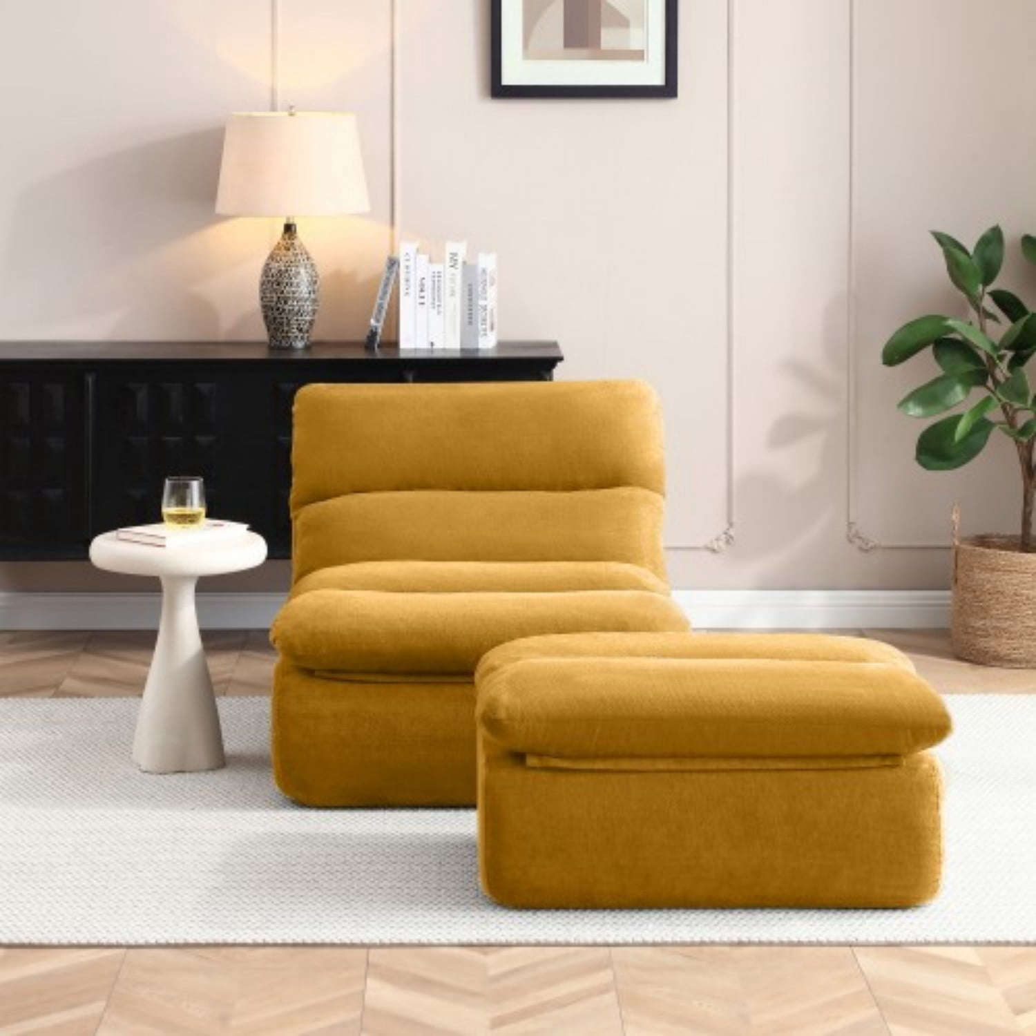 32" Bean Bag Chair with Ottoman, Tufted Upholstered Chaise Lounge Chair for Adults, High Density Foam Lazy Sofa with Footrest for Living Room, Bedroom, Gaming Room & Dorm, Yellow