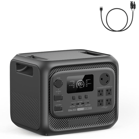 Elite 300 Portable Power Station with Solar Cable, 2400W (4800W Surge) Solar Generator, 3014.4Wh LiFePO4 Battery, 3kWh Backup Power for Home & RV, TT-30 RV Port, 12V/30A DC Output
