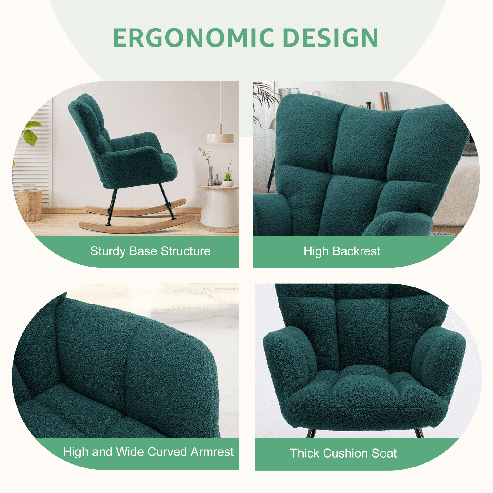 MAYEERTY Upholstered Rocking with High Backrest, Modern Accent Reading Chair for Living Room, Bedroom, Green