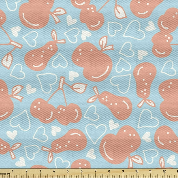 Fruit Fabric by the Yard, Hand Drawing Style Apples Cherries Pears and Hearts Romantic Art, Upholstery Fabric for Dining Chairs Home Decor Accents, Salmon Pale Sky Blue by Ambesonne