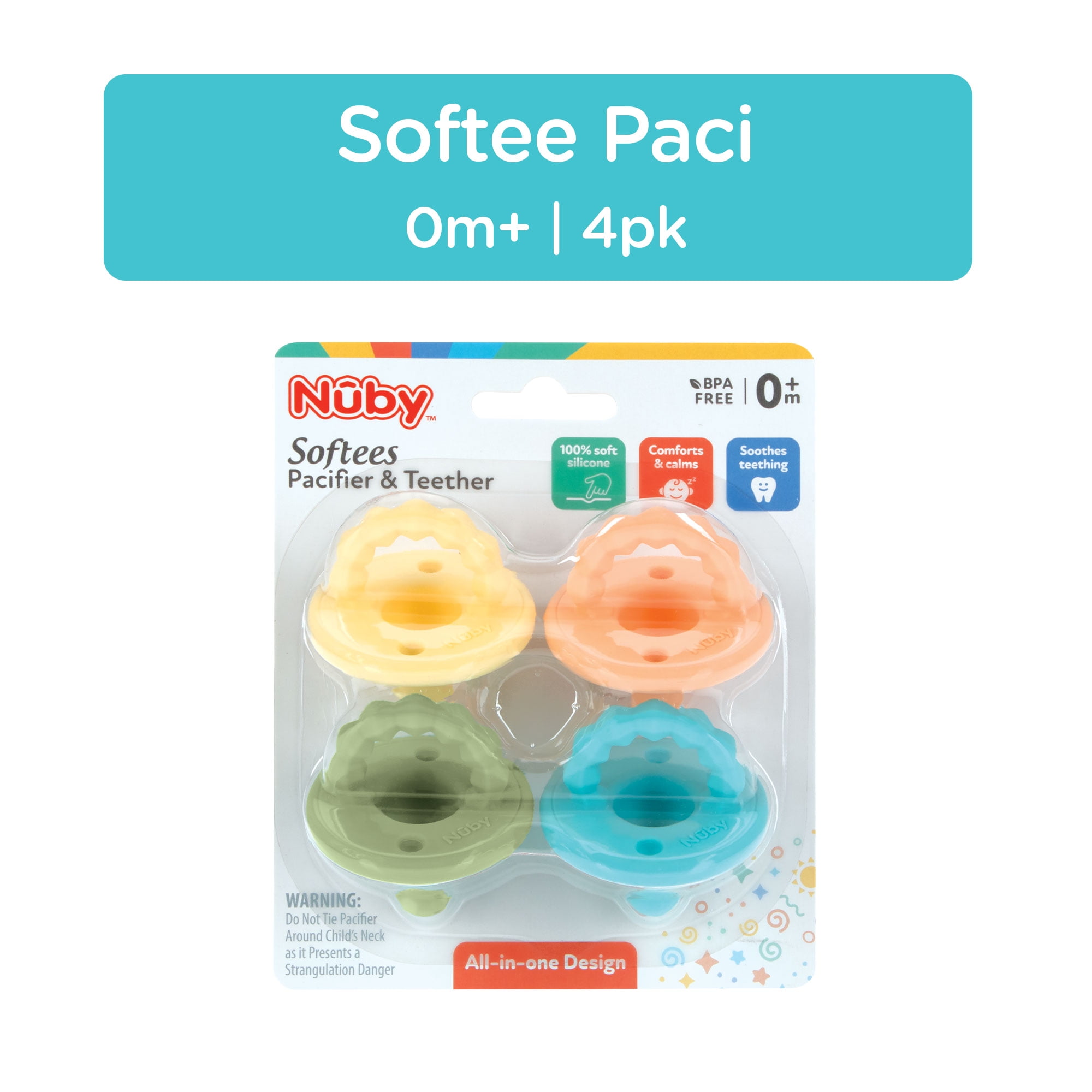 (3 pack) Nuby Softees Pacifier and Teether for Babies, 4 Pack Infant Pacifiers