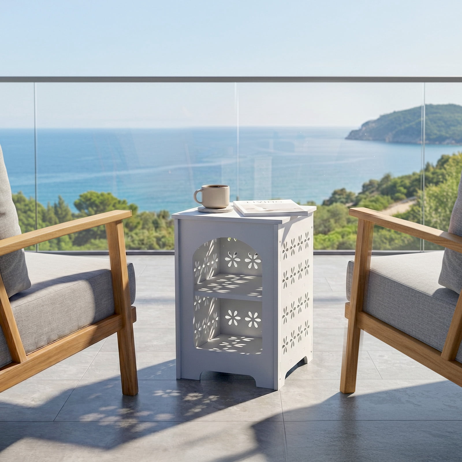 3-Tier Side Table with Storage, Nightstand End Table with Floral Design, Modern Arch Opening Bedside Table for Indoor Outdoor, White