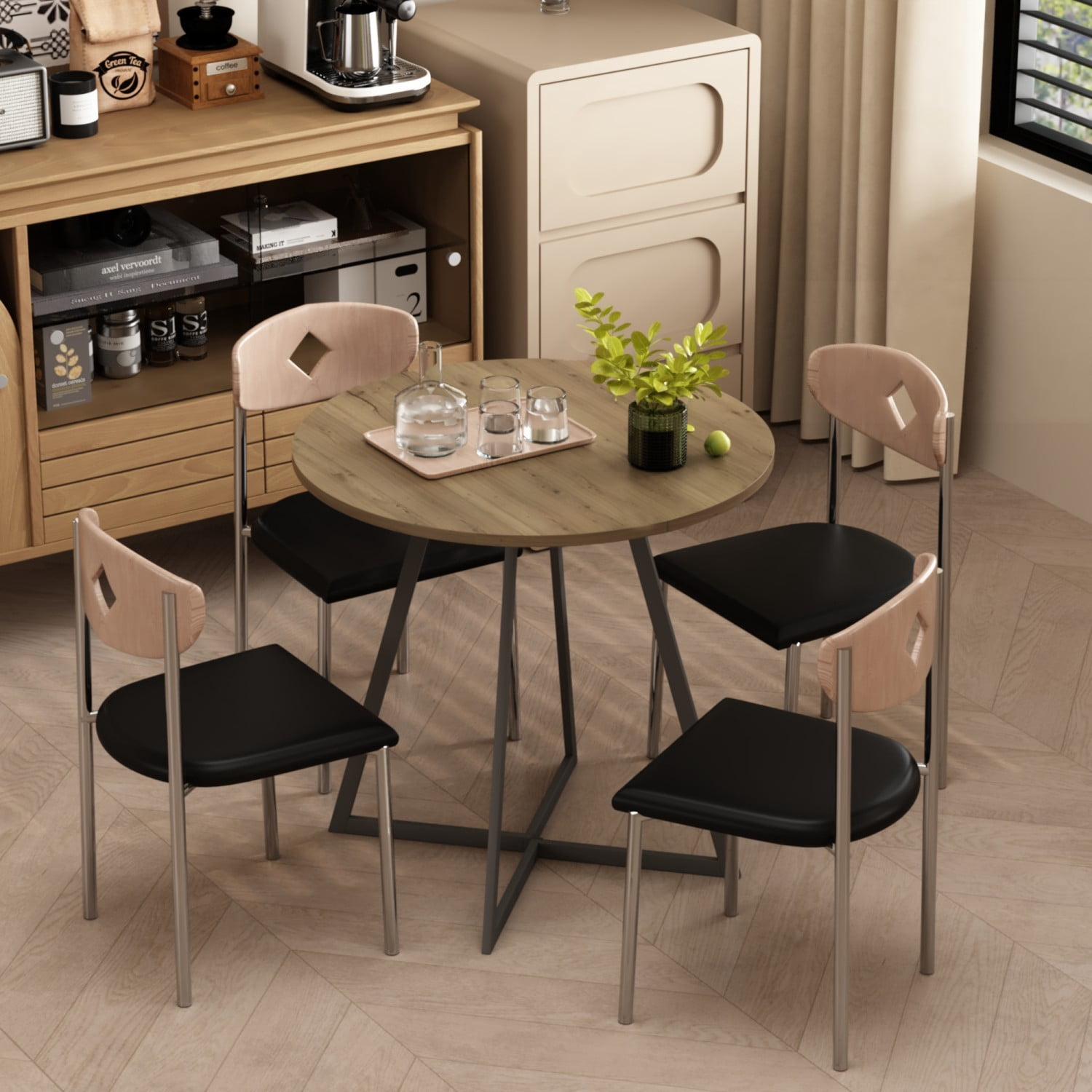 31.5" Round Dining Table, Modern Small Kitchen Table with Wood-Look Top & Black Metal Legs, Compact Circle Dining Table for 2-4 People, Apartment, Breakfast Nook & Home Office, Brown