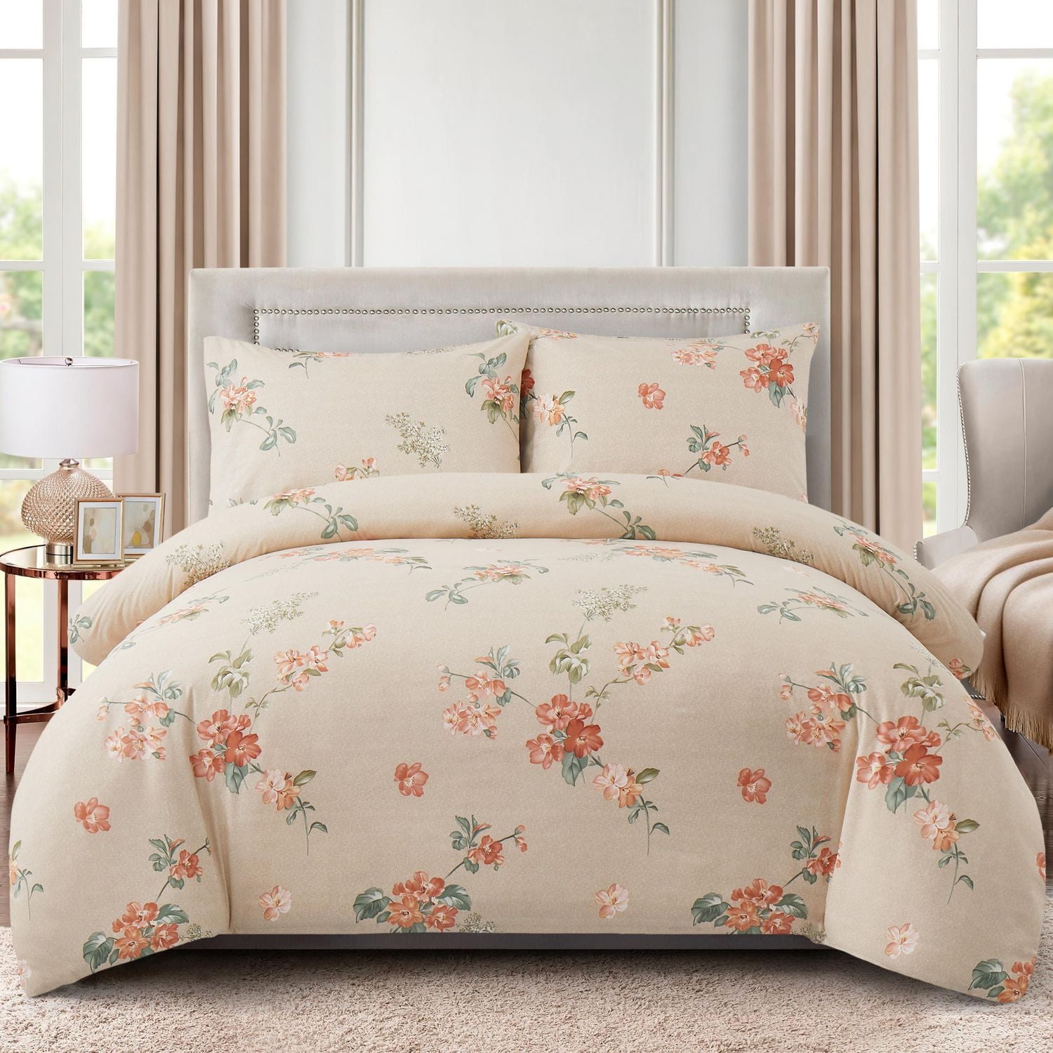 Literie Marina Décoration ultra douce et soyeuse en rayonne de bambou imprimée, toutes saisons, housse de couette, drap-housse, avec fermeture éclair et lien d'angle, motif floral pêche taupe