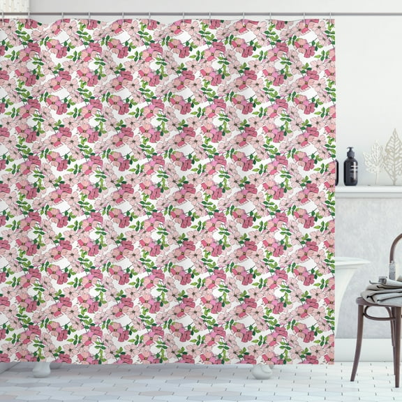 Pink Floral Shower Curtain, Lovely Wild Spring Leaves and Sweet Colored Petals Repetitive Illustration, Fabric Bathroom Set with Hooks, 69W X 75L Inches Long, Multicolor, by Ambesonne