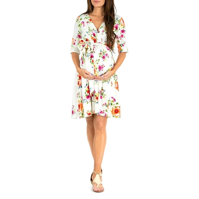 SUNSIOM Robe de Maternité pour Femmes Décontractée à Col en V à Pois/fleurie à Manches Mi-Longues Robe pour Grossesse Vêtements Séance Photo