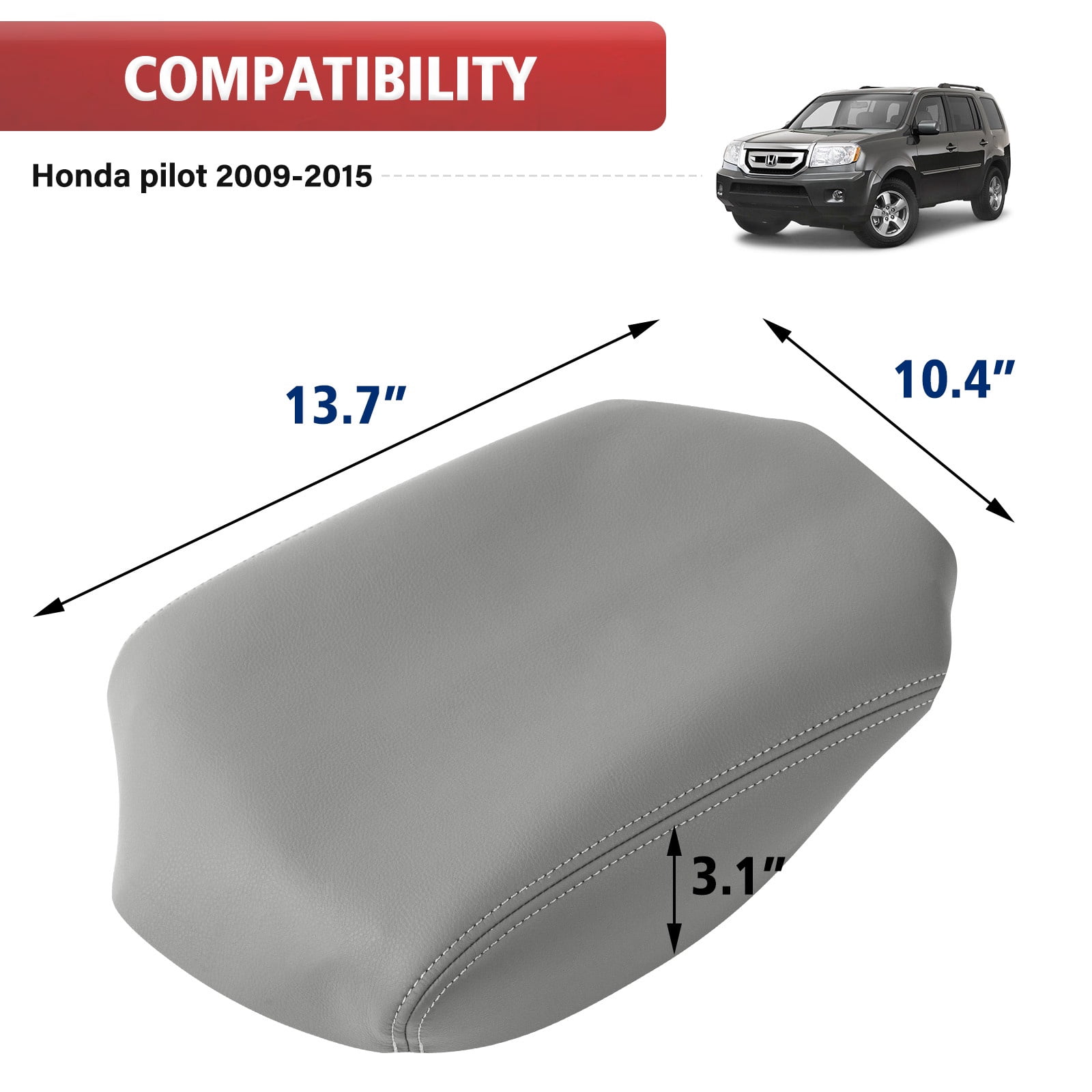 KBH Center Console Lid Armrest Cover for Honda Pilot 2009-2015, Car Arm Rest Cover Replacement Upholstery, Gray (Leather Skin Only)