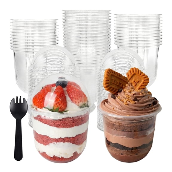50 Pack 12OZ Clear Plastic Cups with Dome Lids , Spoon and Sporks No Hole Disposable Fruit Cups for Dessert,Cupcake,Parfait,Pudding,Iced Cold Drinks,Snacks,Fruits,Bakeries,Ice Cream