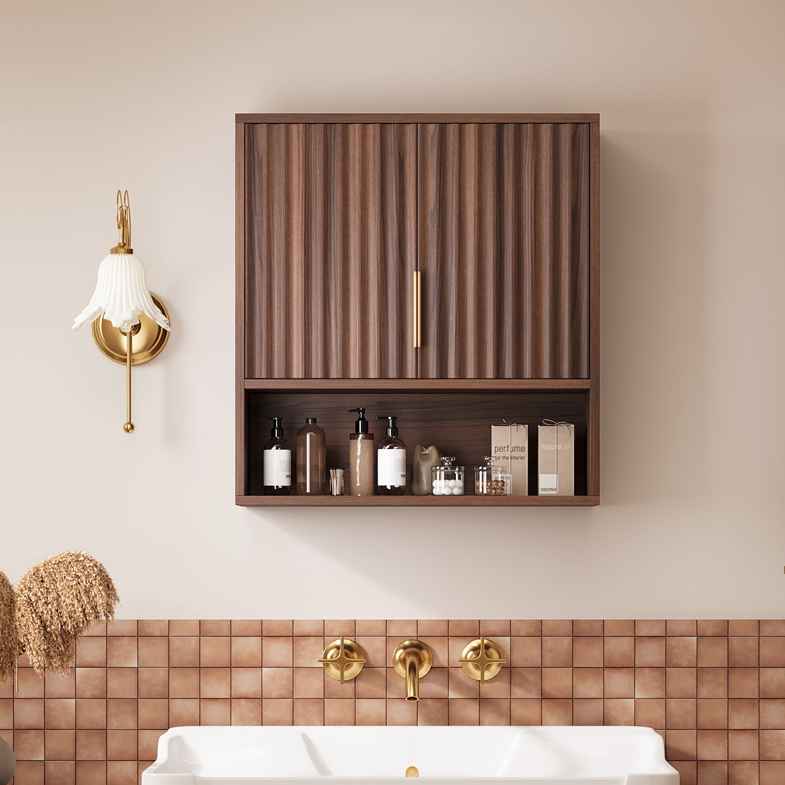 Ktaxon Fluted Bathroom Cabinet Wall Mount, Medicine Cabinet Storage Organizer with Single Door and Adjustable Shelves, Walnut
