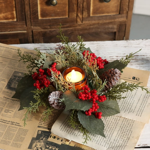 Horivan Christmas Candle Ring with Artificial Flowers and Berries Festive Table Centerpiece for Holiday Dining Decor Durable Plastic Wreath for Wedding Party Home Celebration