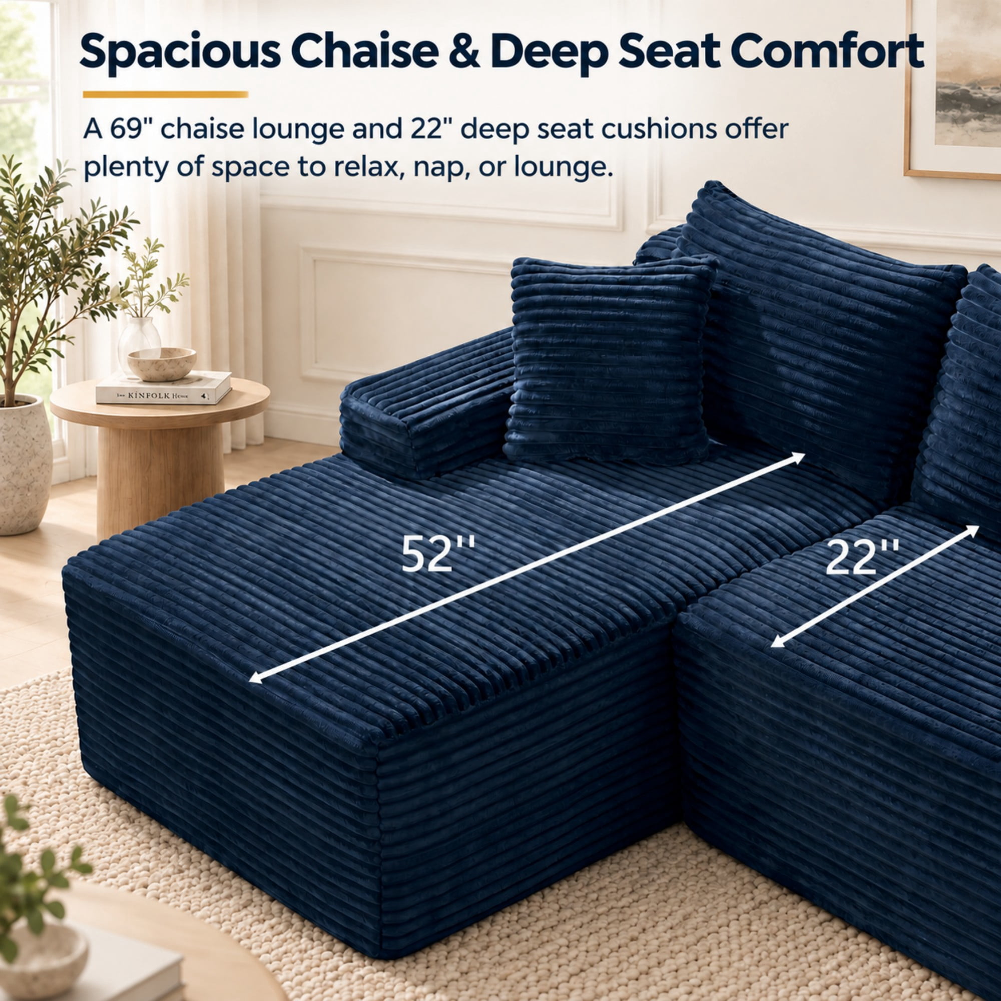DEALTOPS 106" Corduroy L-Shape Sectional Sofa, Modular Floor Cloud Couch with Left Chaise, Blue
