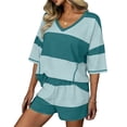 thumbnail image 3 of akafmk Womens 2 Piece Sets Summer Loungewear Sets Striped Short Sleeve V-Neck TShirts and Elastic Waist Shorts Set Loose Matching Outfit, 3 of 6