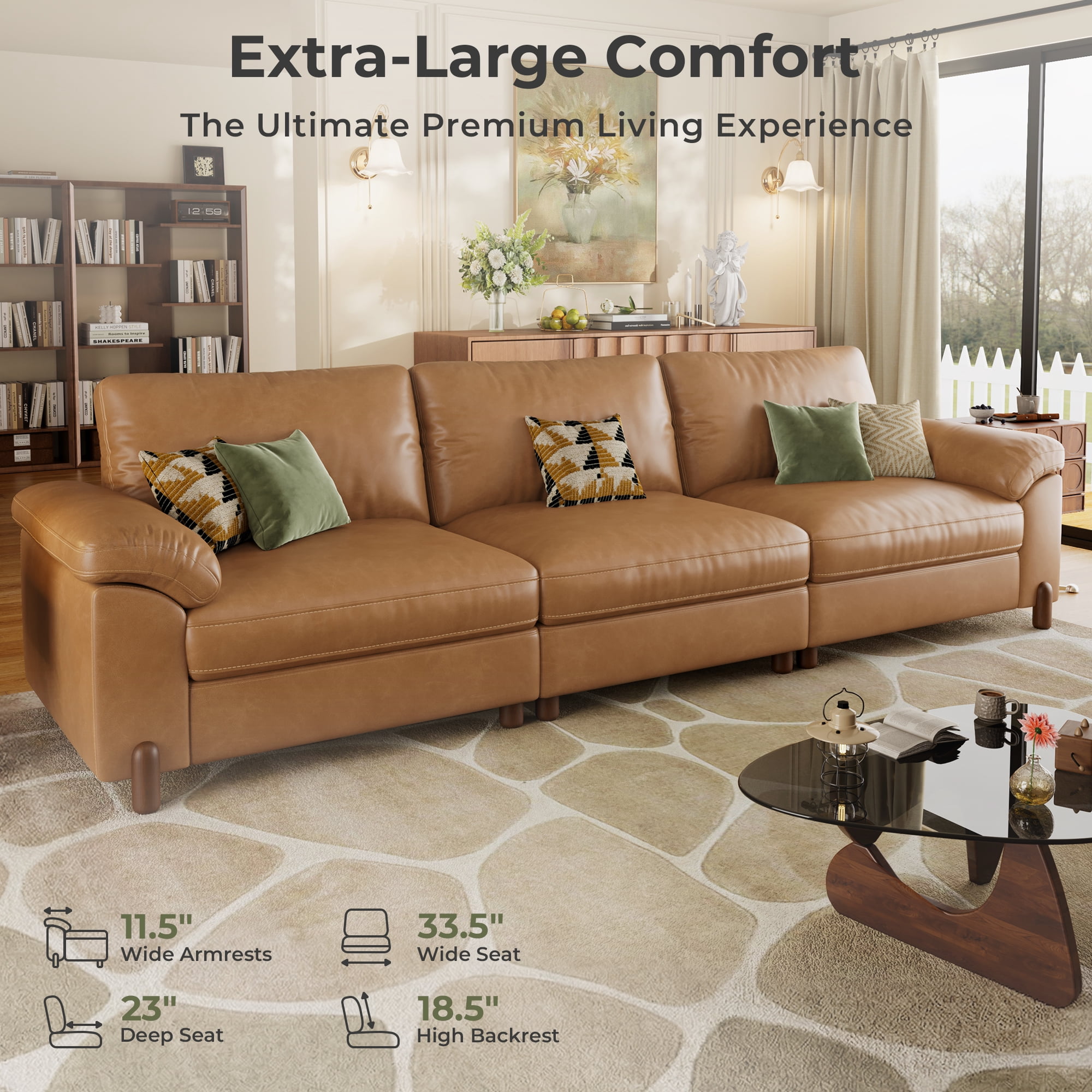 Modular Sectional Sofa with Removable Washable Covers, Oversized Deep Seat 3 Seater Couch, Pet-Friendly Leather in Brown