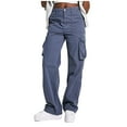 thumbnail image 1 of Womens Pants Versatile Solid Color Cargo Pants with Pockets High Waist Blue Womens Trousers M, 1 of 3