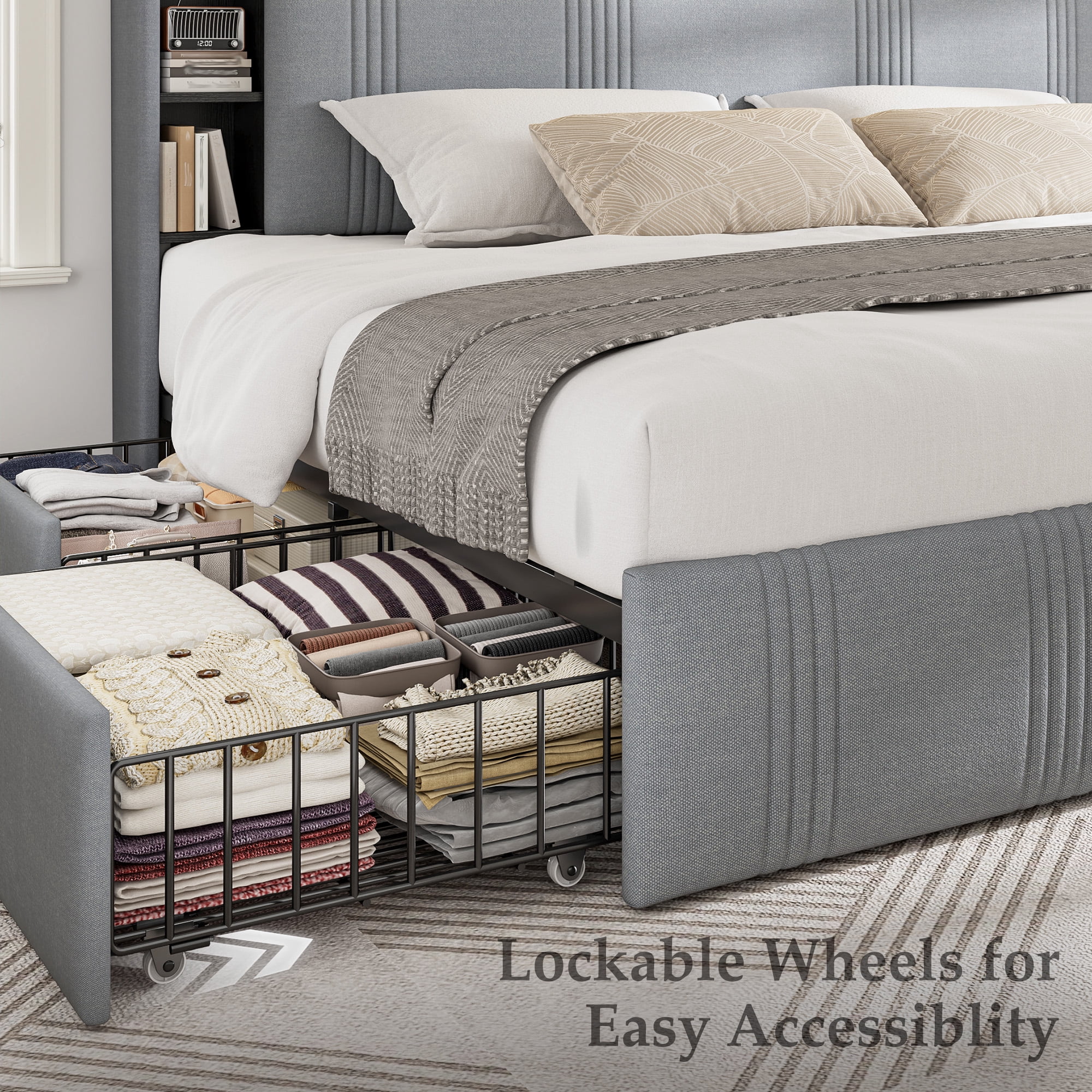 EnHomee King Size Bed Frame with 4 Drawers & 3-Tier Storage Shelf Upholstered Bed Frame King with Headboard & LED Lights & Charge Station,Gray