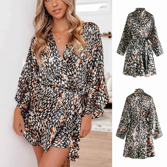 Womens Soft Pajama Clearance- Silk Satin Printed Leopard Sexy Bathrobes Plus Size Robe Sleepwear Brown Size L