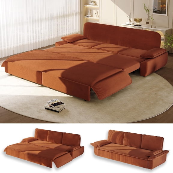 94.5" Pull Out Couch King Size, Futon Sofa Bed, 3-in-1 Convertible Sleeper Sofa Bed with Cushion Armrest, Modern Corduroy Loveseat Couches for Living Room, Small Space, Apartment, Orange