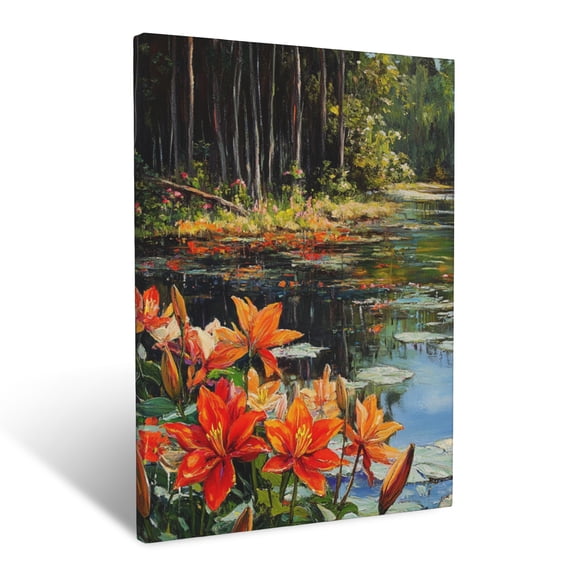 CozyNet Bright Lilies Blooming Along A Peaceful Forest Pond Edge Wall Art Prints With Frame Canvas Perfect for Living Room & Bedroom, Ready to Hang, Wall Decor 12"x16"in