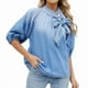 thumbnail image 1 of Camisa Vaquera de Cuello Alto con Botones y Lazo para Mujer, Mangas Abullonadas Elásticas, Corte Holgado, Top Corto de Mezclilla. Azul M, 1 of 10