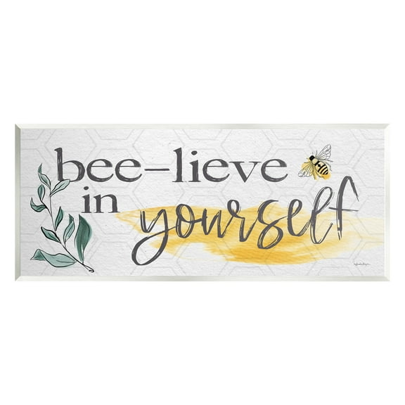 Stupell Industries Bee-Lieve in Yourself Phase Botanical & Floral Painting Unframed Art Print Wall Art, 17 x 7
