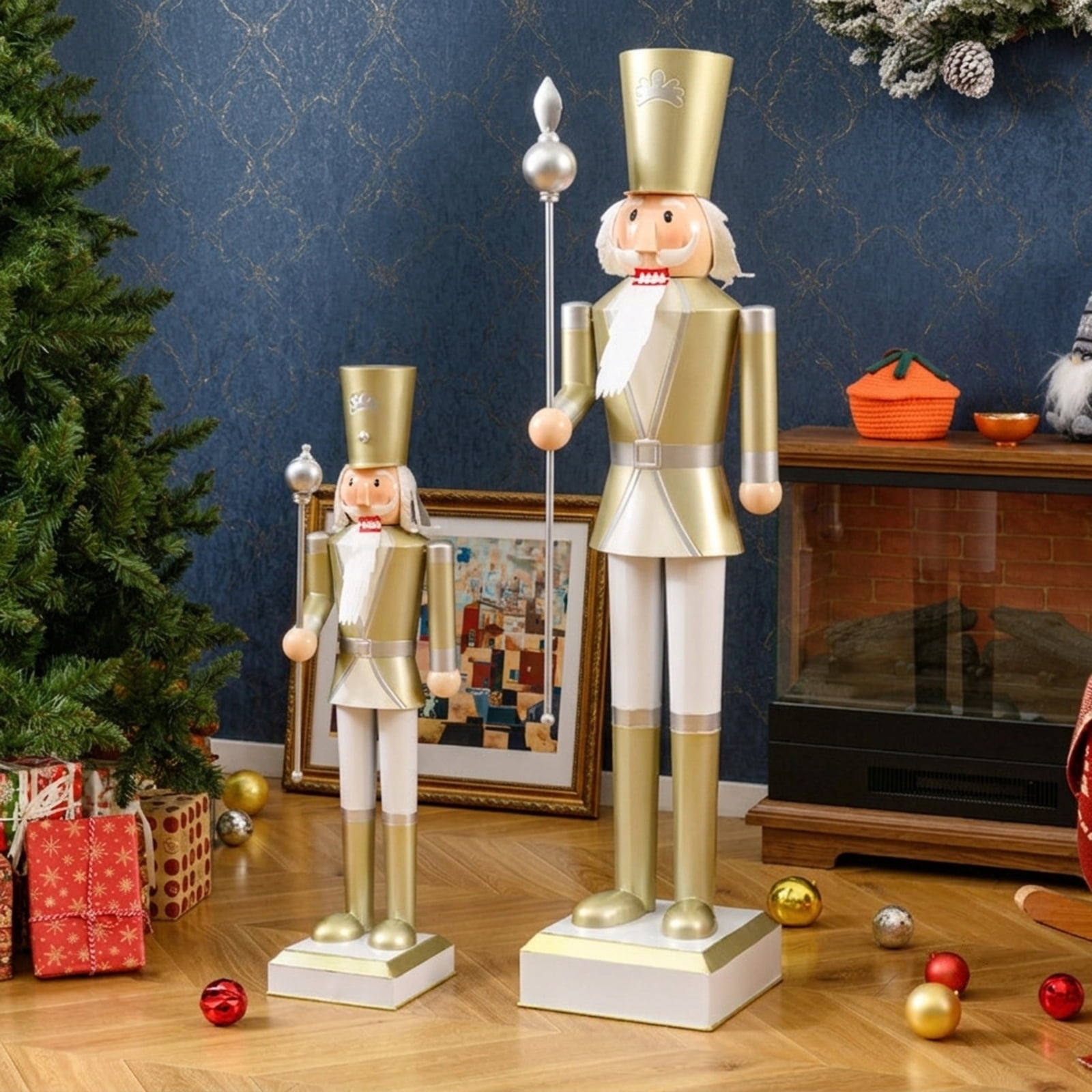 RUIE 4FT Christmas Nutcracker with High Hat and Scepter, White & Golden Metal Nutcracker Soldier with Hidden Storage for Indoor Outdoor Holiday
