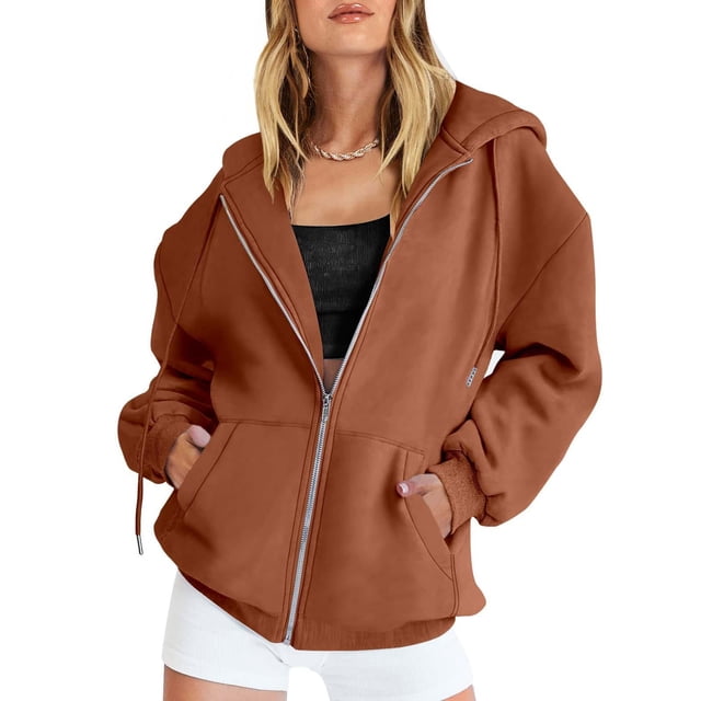 Women's Fall Jacket Oversized Pocket Sweatshirt Casual Drawstring Clothing Zipper Track Jacket Solid Color Long Sleeve Hooded Top