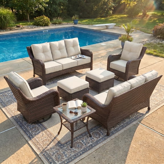 LayinSun 7 Pieces Patio Furniture Sets, Outdoor Wicker Conversation Set with Swivel Chairs and 6" Thick Cushion for Deck Garden Backyard
