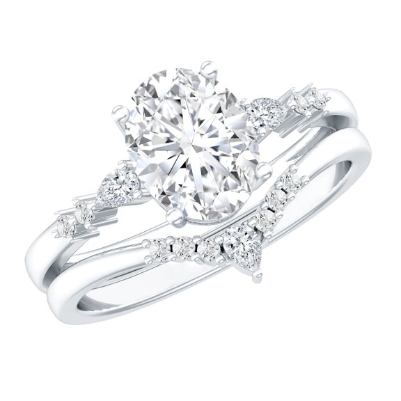 Rosec Jewels Lab Grown Diamond Engagement Ring Set - 2ct Oval Engagement Ring with Enhancer - EF-VS Quality Certified, 925 Sterling Silver, US 4.00