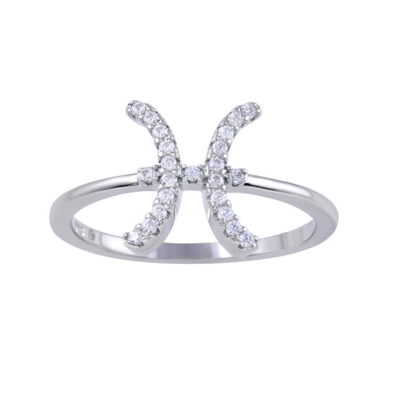 Rhodium Plated 925 Sterling Silver Pisces Clear CZ Zodiac Sign Ring White Jewelry Female Size 6