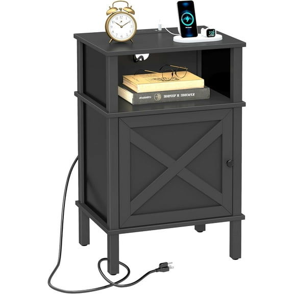 Nightstand with Charging Station, Nightstand, end Table with 2 Tiers Storage Space and Storage Cabinet, Sofa Side Tables for Bedroom, Living Room
