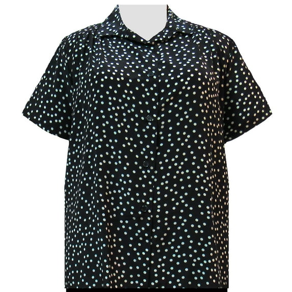 A Personal Touch Women's Plus Size Short Sleeve Button-Up Print Blouse with Pleats - Black & Grey Aspirin Dots - 3X