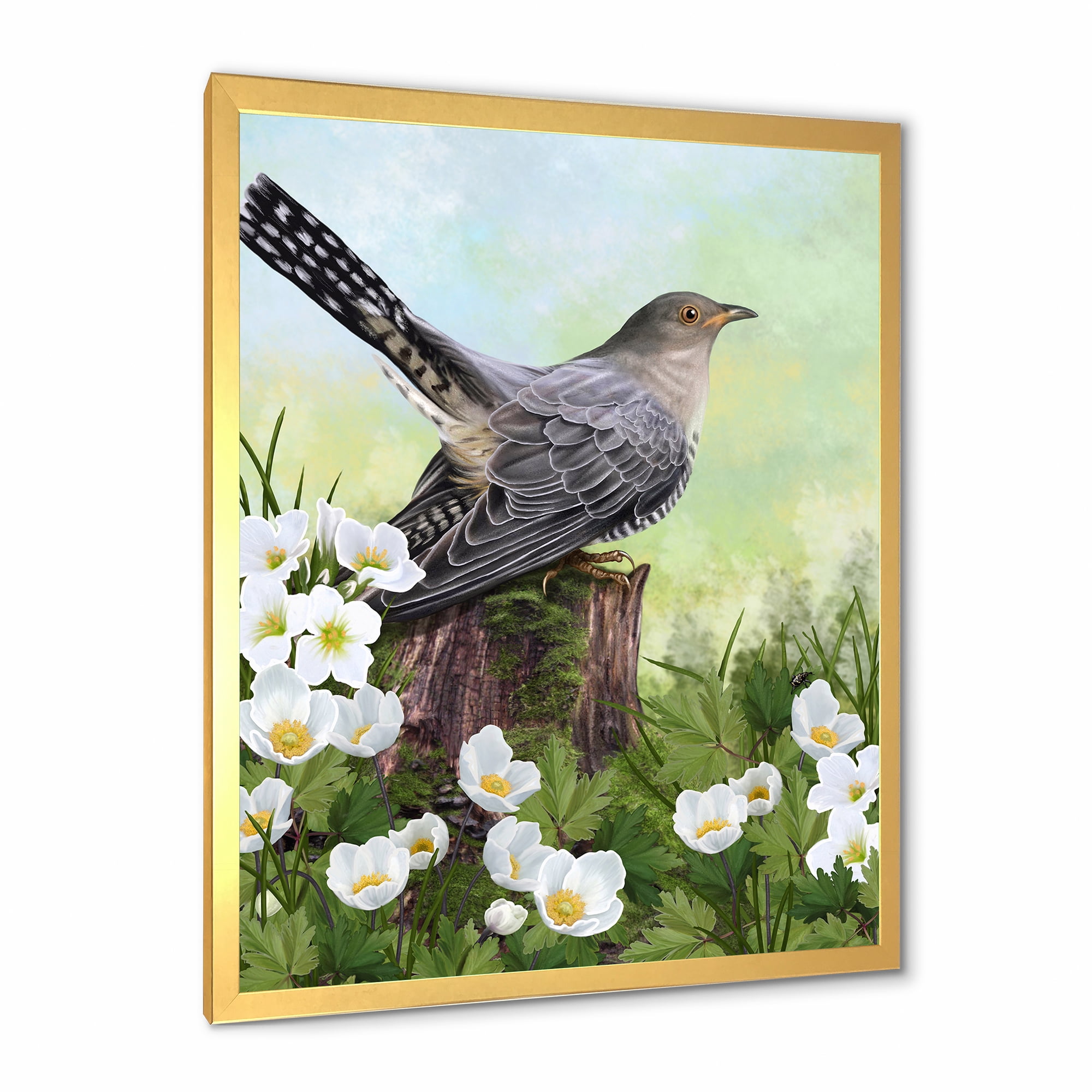 Designart 'Cuckoo Bird On An Old Stump and White Flowers' Traditional Framed Art Print
