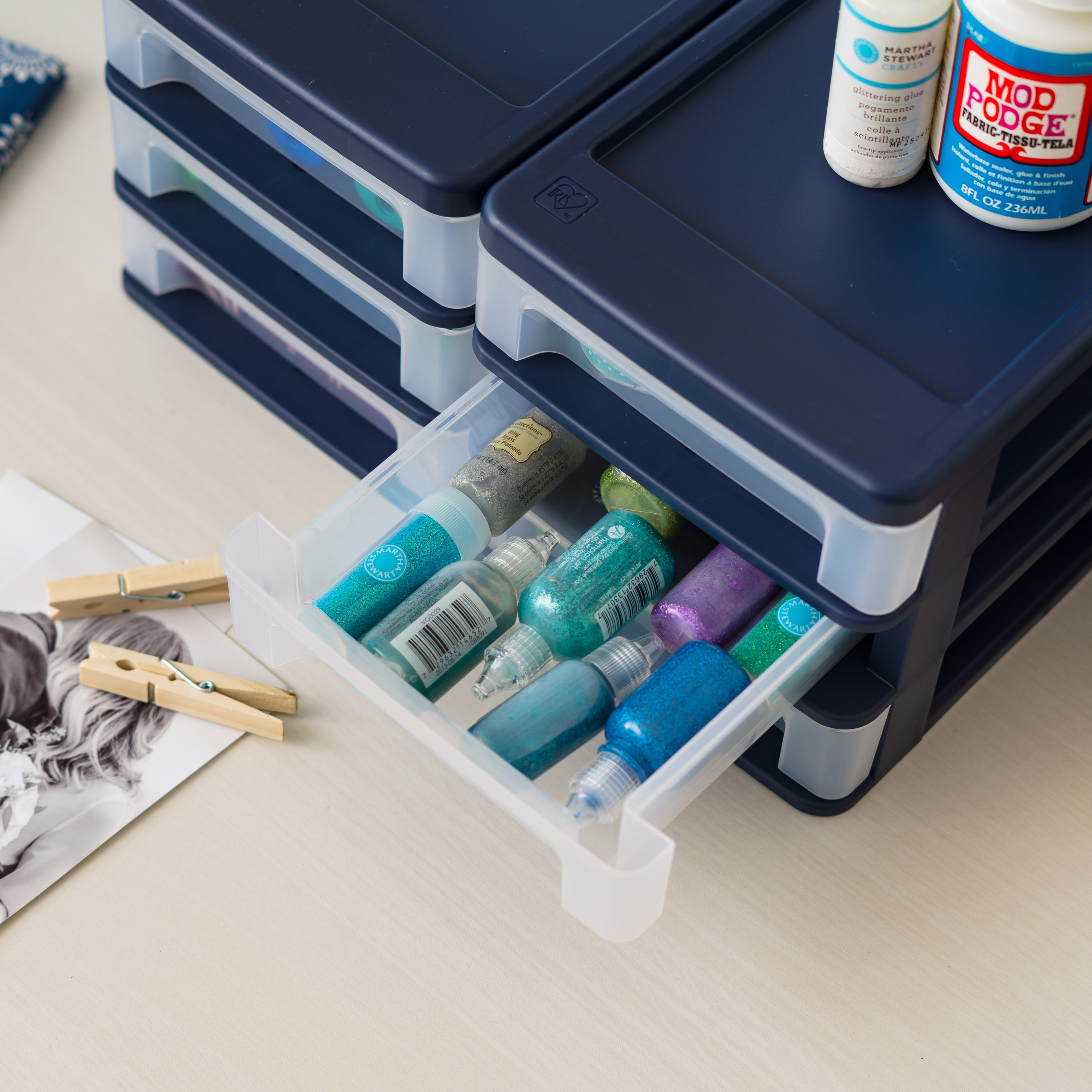 IRIS Small 3 Drawer Countertop Organizer, 2 Pack - Navy Blue