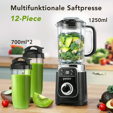 Smoothie Blender & Cold Press Juicer, 43oz Pitcher & 2x24oz Portable Cups, 12pcs Blender Set for Shakes with Auto-Smart Tech & Speed Control, Christmas Kitchen Gifts