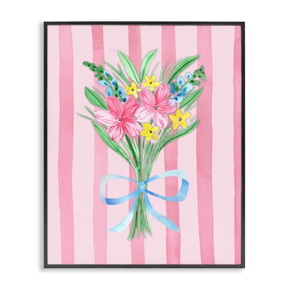 Spring Bouquet & Bow Stripes Black Framed Giclee Art, design by Nina Jacobs